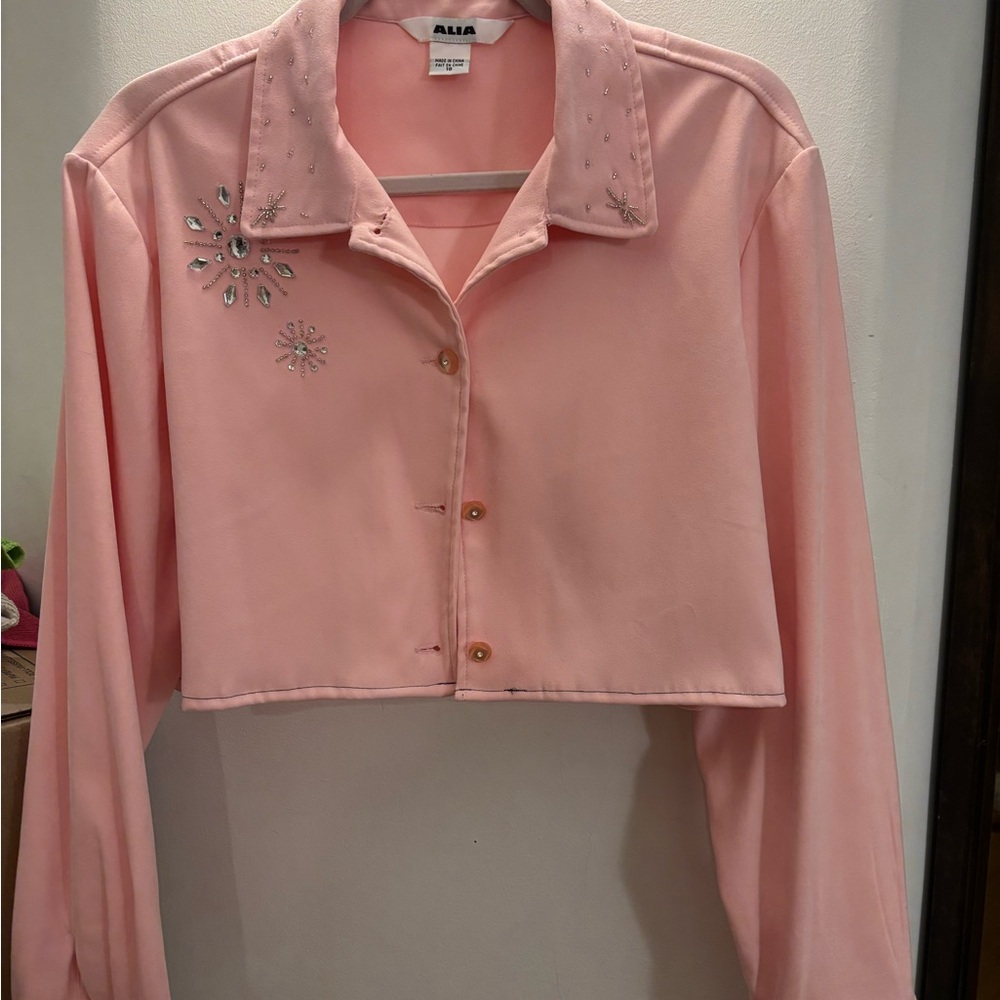 Pink Embellished Cropped Button-Up Top